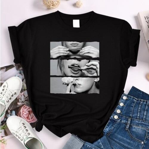 Half of a charming female face printing Tshirts T-Shirts women females summer oversized Short sleev Casual Loose harajuku tees