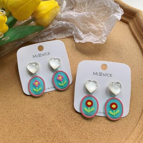 Origin Summer Trendy Contrast Color Flower Drop Earrings for Women Girl Shiny Opal Oval Geometric Arcylic Dangle Earrings Gift