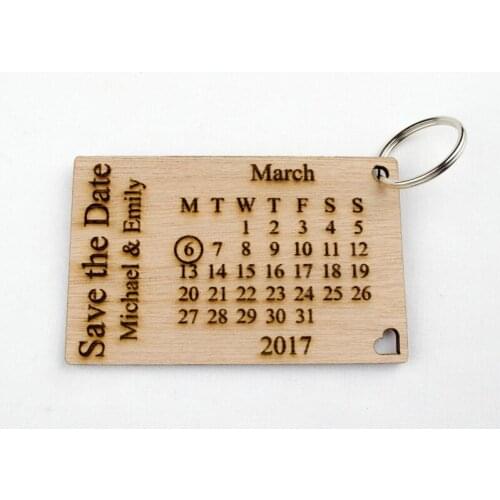 Personalised Wooden Save the Date Key Rings. Ideal Wedding Invitations. Engraved Rustic Calendar