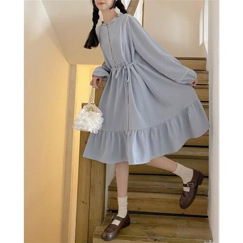 Dress ladies solid color round neck regular sleeve drawstring waist mid-length dress ladies 2021 spring and autumn models
