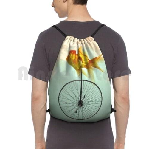 Unicycle Goldfish Backpack Drawstring Bag Riding Climbing Gym Bag Uni Unicycle Bike Goldfish Disguised Shark Teal Orange
