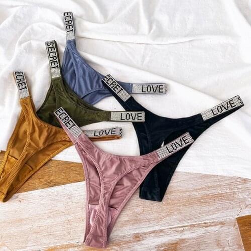 Sexy Rhinestone Thong Low Waist Panties Women Comfort Ice Silk Seamless Lingerie G String Cotton Breathable Intimates Underwear