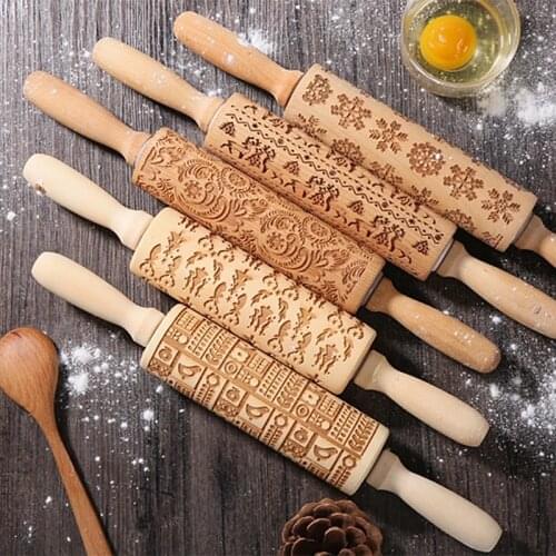 DIY Manual Christmas Embossing Rolling Pins Designe Patterns Wooden Roller Baking Embossed Cookies Kitchen Tools Elk Snowflak