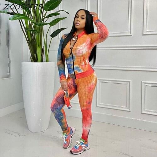 ZOOEFFBB Printed Stretch Two Piece Tracksuit Set Long Sleeve Zipper Top Sweatpants Matching Sets for Plus Size Women Clothing
