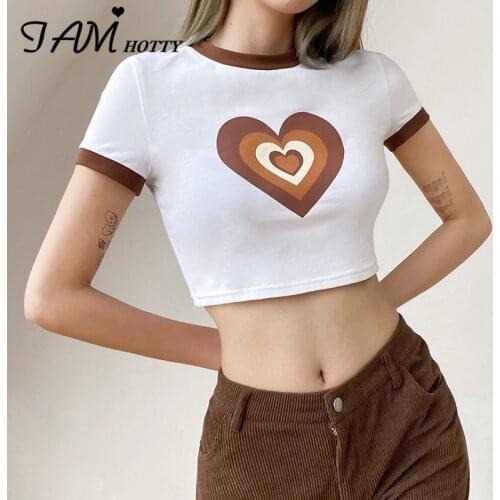 Summer 2021 Short Sleeve Patchwork Basic T-shirt Women Cyber y2k Harajuku Heart Printed Aesthetic Crop Top Tee Outfit Iamhotty