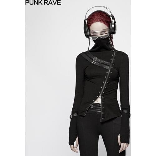 Punk Rave Gothic Turtleneck Metal Steampunk Zipper Hollow Out Fashion Casual Women T-shirt Tops WT543