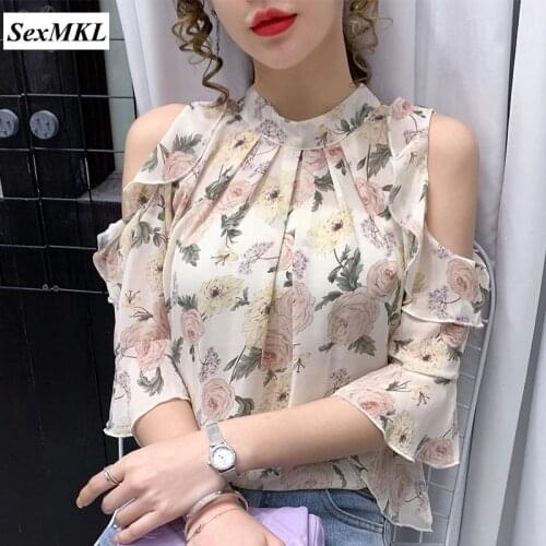 2021 Summer Off Shoulder Top Chiffon Blouse Women Korean Floral Short Sleeve Women Loose Shirts Elegant Printed Female Clothing