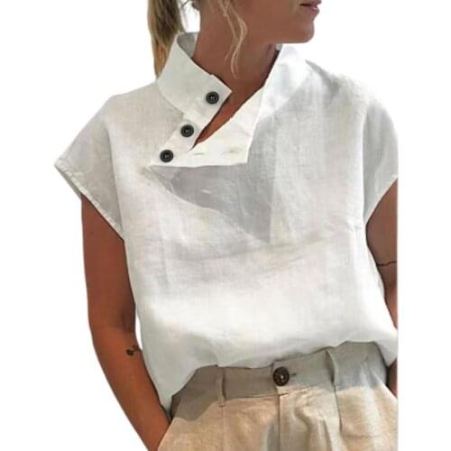Summer Sleeveless Stand Collar Women Loose Skin-friendly Solid Color Side Buttons Tunic Casual Top Stylish T-Shirts Tees