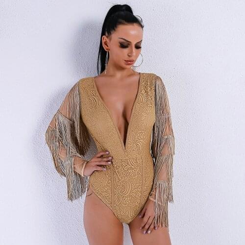 New 2021 fashion polyester women jumpsuits yellow deep v-neck casual summer tassel sexy bodysuit evening club womens playsuits