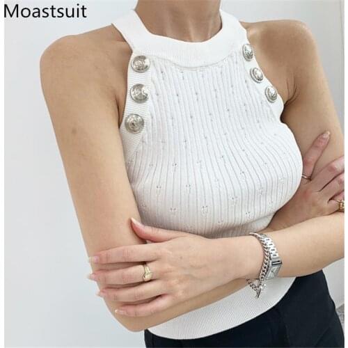 2021 Summer Knitted Camis Vest Women Sleeveless O-neck Solid Slim High Street Crop Tops Korean Fashion Sexy Jumpers Femme