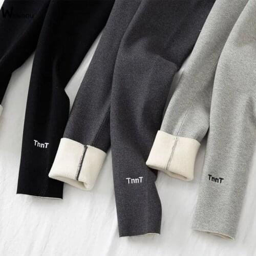 Winter Casual Thick lambwool Big Hip Leggings Women Fashion High Waist Warm Skinny Pants Embroidery Slim Ankle-Length Sweatpants