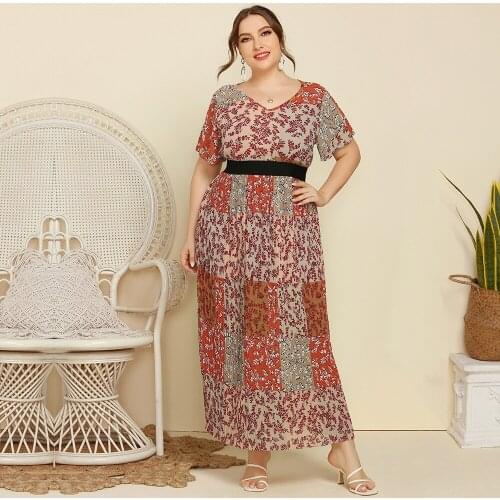 2021 Trend Fashion Women Dress Spring Summer New Plus Size Sleeves Patchwork Pleated Retro Floral Print Long Dress RV381