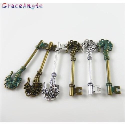GraceAngie 6PCS 2017 New Mixed Color Seahorse Key Pendant Charms Jewelry Findings Necklace Bracelet Accessory Suspension52786