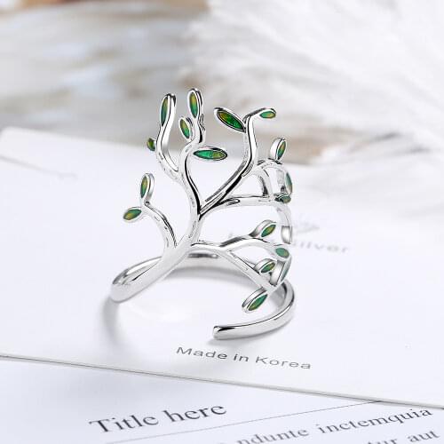 925 Sterling Silver Green Leaves Adjustable Open Finger Rings For Women Girls Wedding Dorpshipping Anelli Fine Party Jewelry