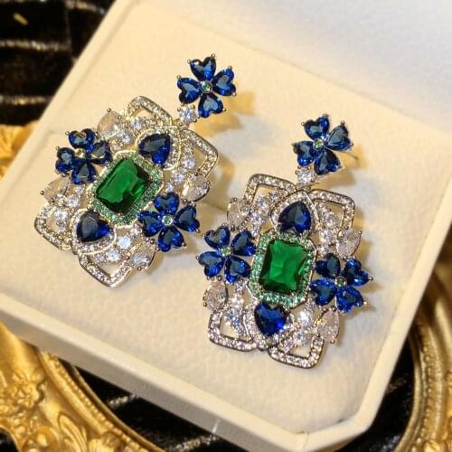 EYER Luxury Temperament Big Drop Blue Stone Flower Earrings For Women Hyperbole Crystal jewelry Vintage Aretes Fine Jewelry