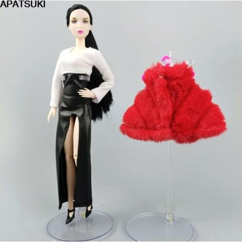 Toys For Children Lady White Black Fashion Dress & Red Fur Coat For Barbie Doll Outfits Clothes Set for 1/6 Doll Accessories