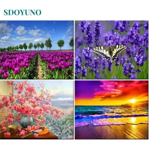 SDOYUNO 60x75cm Painting By Numbers Kits Flowers Frame Paint By Numbers DIY Seascape Sunnet Scenery Handpaint Canvas Painting