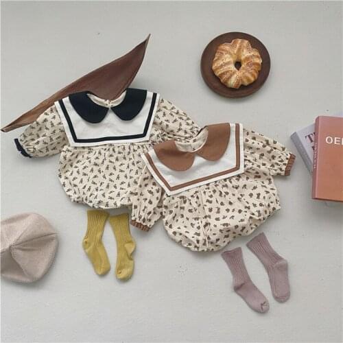 9049 Baby Clothes 2021 Autumn New Korean Baby Girl Romper Navy Collar Broken Flower Infant One Piece Clothes Boys Onesies