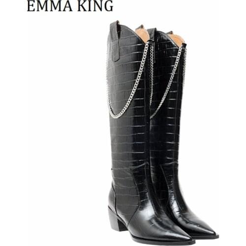 Western Boots Metal Chain Women Knee High Cowboy Boots Pointed Toe Kitten Heels Winter Long Boots Womens Cowboy Botas Mujer