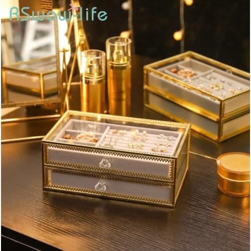 Light Luxury Copper Edge Glass Jewelry Storage Box Ring Ear Jewelry Box Drawer Organizer For Desktop Storage Ornaments