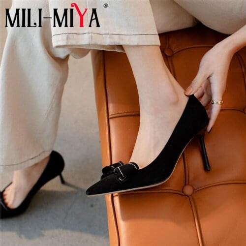MILI-MIYA Fashion Pointed Toe Women Kid Suede Pumps Butterfly Knot Black Color Slip On Dress Party Shoes Size 34-40 Handmade