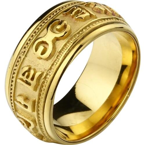 Valily jewelry Mens Spinner Ring Buddhist Six True Syllable Rings Vintage Stainless Steel Religious Gift Rotate Ring for Men