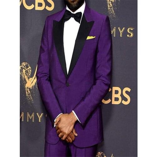 Purple Prom Men Suits for Wedding Prom Singer Stage Latest Black Peaked Lapel Evening Party Groom Tuxedo Male Set Jacket Pants
