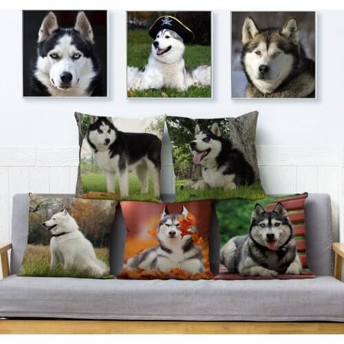 Siberian Husky Dog Print Throw Pillow Cover 45*45 cm Cushion Cover Linen Pillows Cases Sofa Home Decor Pet Pillow Case