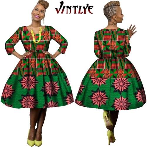 New Women Dresses Floral Print African Dresses Knee Length Africa Style Lady Clothes Dashiki Patchwork Boat Neck Dresses WY623