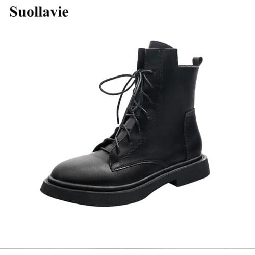 Suollavie 2020 autumn boots women lace-up women shoes round toe Martin boots square heel botas de mujer solid black botas mujer