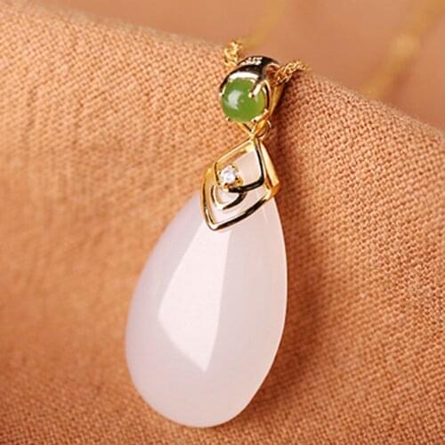 Silver inlaid natural Hotan white jade pulp Drop Shaped Pendant Necklace Chinese style retro Bohemian charm womens jewelry
