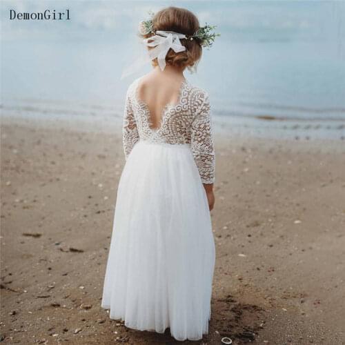 Puffy Tulle Lace Flower Girl Dresses Backless Illusion Long Sleeve Children Wedding Party Dress First Communion Gown