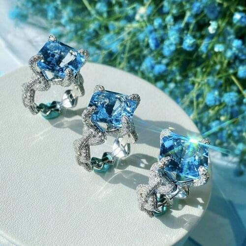 925 Silver Super Sea Sapphire Inlaid Zircon Luxury Ring Female Jewelry Wedding Engagement Jewelry Wholesale