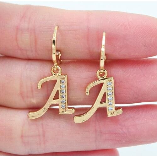 Gold Color Women Clear Cubic Zirconia CZ Name Alphabet Initial Letter Dangle Earrings