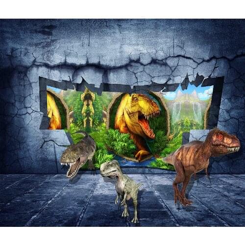 Gray Stone Brick And Floor Photography Background Tyrannosaurus Rex And Other Dinosaurs In The Jungle Backdrop For Boys Rooms