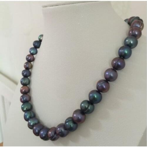 Single12-13mm tahitian baroque black green pearl necklace18inch 925silver