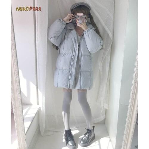 Thick Warm Soft Color Blue & Pink Parka Coat Cute Womens Winter Hooded Long Sleeve Outwear Girls Lolita Jacket