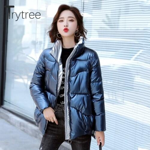 Trytree Womens Jacket 2020 Winter Pockets Cool Satin Solid 5 Colors Streetwear Thick Jacket Zipper Wide-waisted Womens Coat