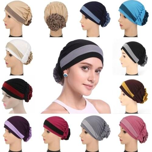 Women Turban Cap Hijab Muslim Inner Cover Wrap Head Hat Chemotherapy Cap Arabian Solid Color Two-color Color Matching Cap