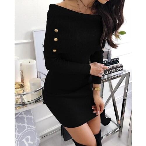 Women Sexy Off Shoulder Tight Knit Mini Skirt Spring Autumn Fashion Solid Color Slim Long Sleeve Tight Button Party Mini Dress