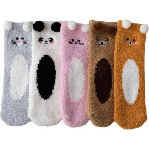 Women Coral Velvet Fuzzy Warm Sleeping Socks Kawaii Cartoon Bear Cat Mouse Panda Animal 3D Ears Fluffy Slipper Hosiery