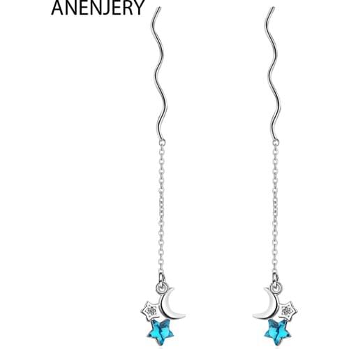 ANENJERY 925 Sterling Silver Blue Crystal Star Moon Long Tassel Earring With Wave Chain Dangle Earring For Women S-E1026