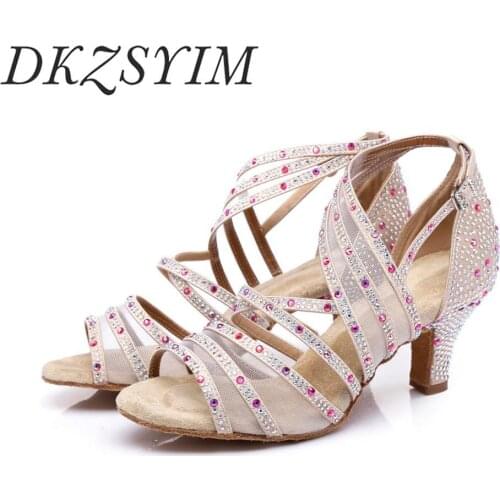 DKZSYIM Women Latin Dance Shoes Pink Multiplecolor Rhinestone Party Dance Sandals Satin+Mesh Ballroom Training Shoes 2020