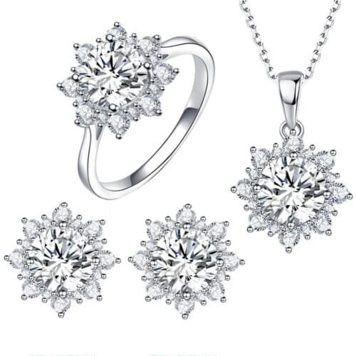 Women Cubic Zirconia Jewelry Sets Snowflake Pendant Necklace Stud Earrings Ring Jewelry Set aretes de mujer серьги женские