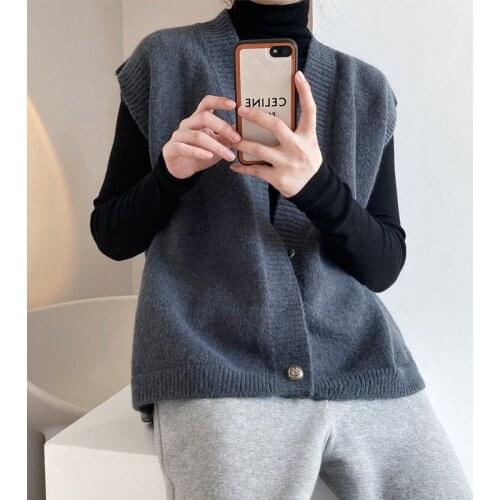 Johnature Casual V-neck Knitting Women Vests 2021 Autumn Winter New Sleeveless Loose Button Cardigan All Match Female Tops