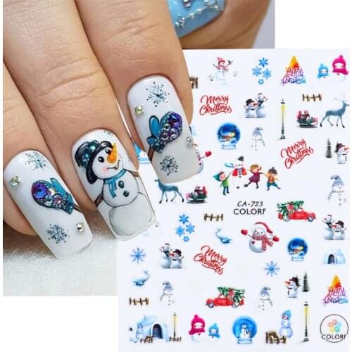 1PC Christmas Snowman 3D Nail Adhesive Sticker Xmas Winter Cartoon Inspired Manicure Decals Nail Art Accessories NFCA717-724