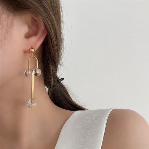 AOMU Retro Simple Asymmetric Acrylic Ball Hollow Metal Splicing Long Dangle Drop Earrings for Female Fashion Jewelry Gifts