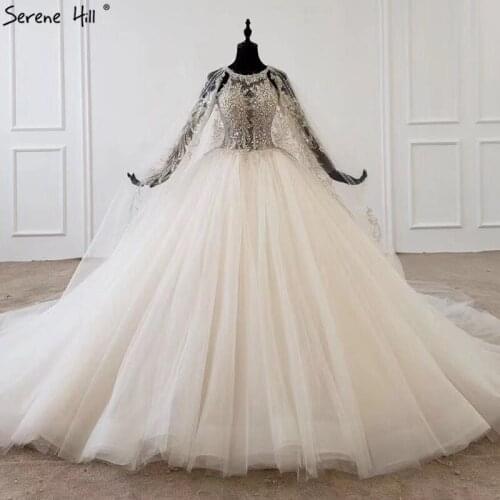 Serene Hill White O-Neck Sleeveless Shawl Yarn Wedding Dress 2020 Beading Sequins Lace Up Bridal Gown Custom Made CHX0046
