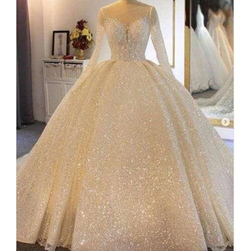 Sparkly wedding dresses 2020 sheer crew neckline long sleeve sequins ball gown shinning bridal dresses vestidos de noiva