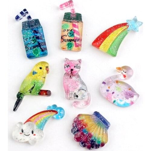 Glitter Cute Resin Cabochon Beading Material Hair jewelry Clip Bow Center Decor Rainbow animal Cat Owl Swan Shell Drink 10pcs